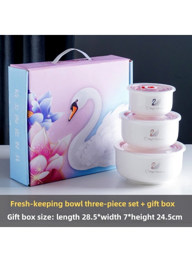 Ceramic Fresh-keeping Bowl Three-piece Sealed Bowl Gift Bowl Set Gift Box Wedding Will Sell Wholesale Printed LOGO-Specifications:Swan-Color:Preservation Bowl Large Single Color Box/48 Sets Of A Box - Image 1