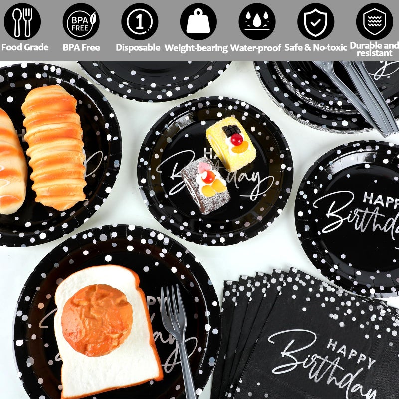 Wiooffen 96PCS Black Silver Birthday Paper Plates and Napkins Party Supplies Happy Birthday Party Decorations Disposable Birthday Party Tableware Dinnerware Set for Women Men Birthday Serves 24 Guests - Image 3