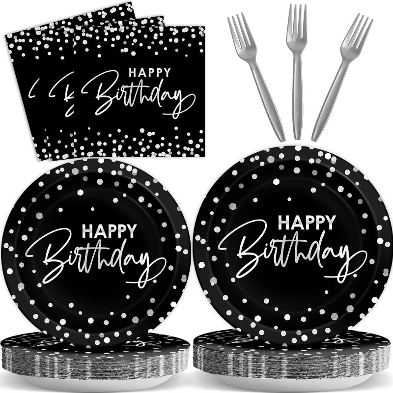 Wiooffen 96PCS Black Silver Birthday Paper Plates and Napkins Party Supplies Happy Birthday Party Decorations Disposable Birthday Party Tableware Dinnerware Set for Women Men Birthday Serves 24 Guests - Image 1