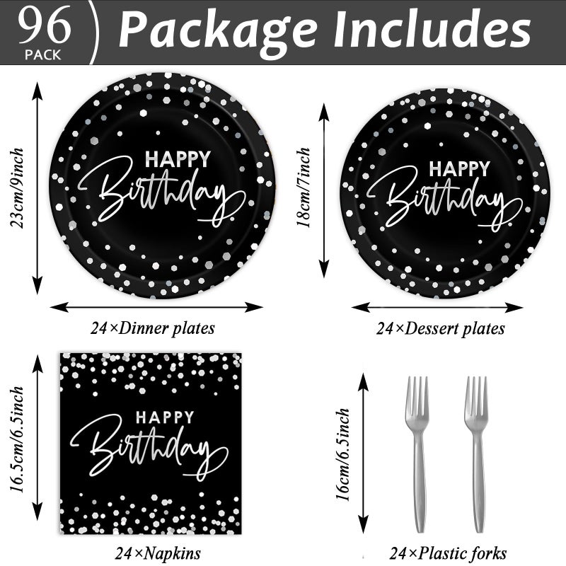 Wiooffen 96PCS Black Silver Birthday Paper Plates and Napkins Party Supplies Happy Birthday Party Decorations Disposable Birthday Party Tableware Dinnerware Set for Women Men Birthday Serves 24 Guests - Image 2