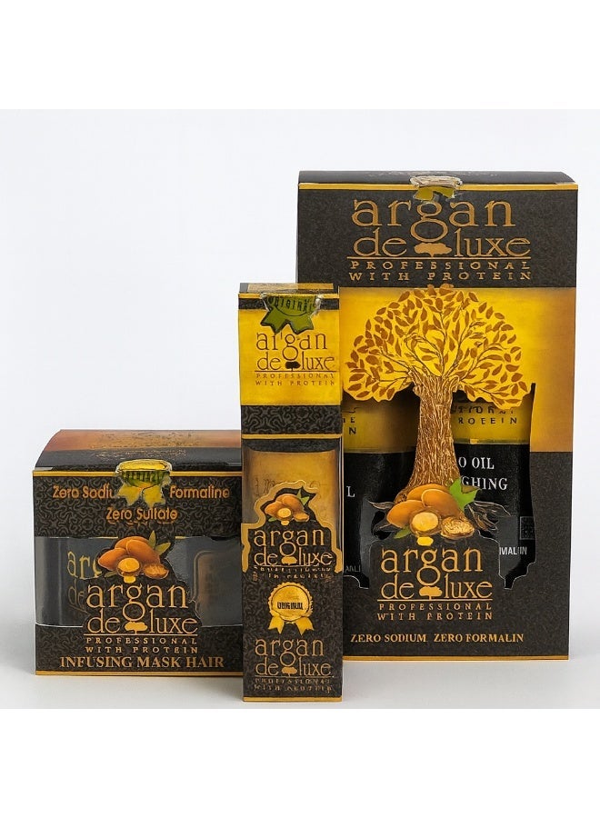 أرغان ديلوكس مجموعة ارجان ديلوكس اوريجنال للعناية بالشعر (4 قطع) شامبو 500 مل وبلسم 500 مل  وحمام كريم 500 مل  وسيرم 125 مل - Image 1