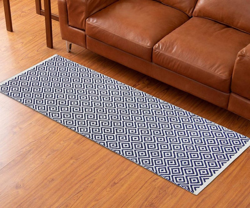 MDZ ® Hand Woven 100% Cotton Diamond Rug, Bed Side Runner for Bedroom, Living Room, Entrance, Passage, Style - Modern, Size - 45 x 130 cm | Eco Friendly (Blue White) - Image 2