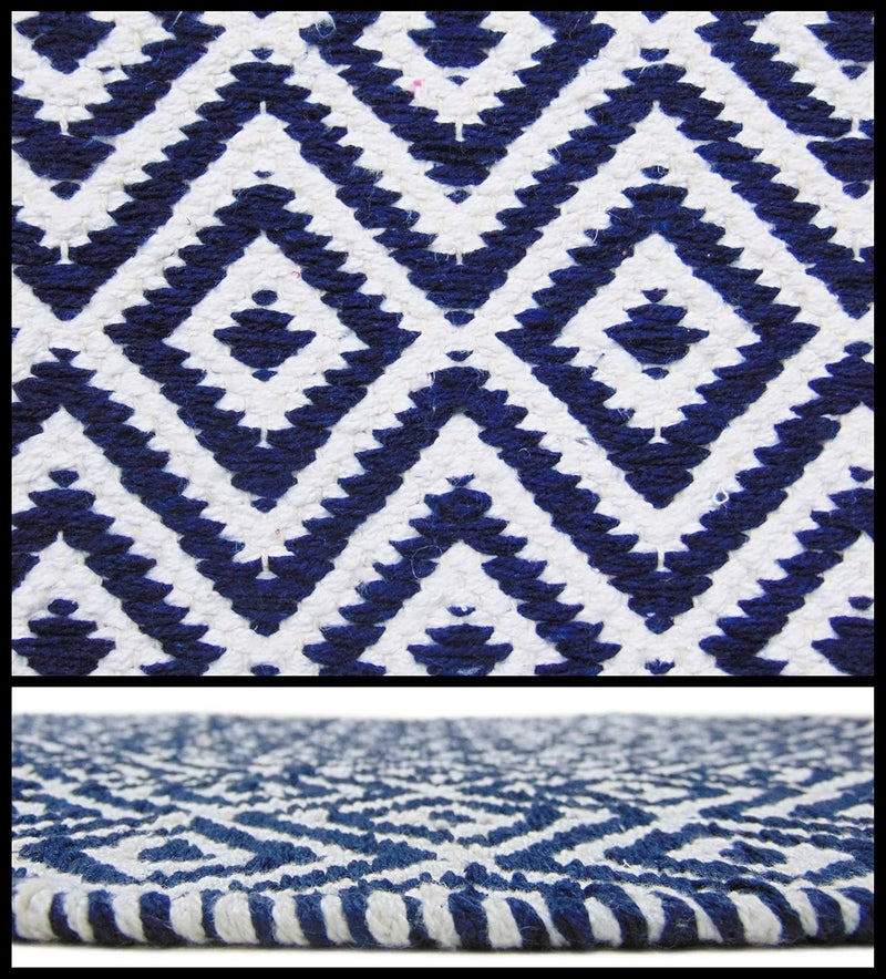 MDZ ® Hand Woven 100% Cotton Diamond Rug, Bed Side Runner for Bedroom, Living Room, Entrance, Passage, Style - Modern, Size - 45 x 130 cm | Eco Friendly (Blue White) - Image 3