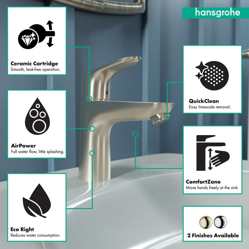 Hansgrohe حنفية حوض الحمام بيد واحدة بارتفاع 1.7 بوصة من هانسغروهي فوكوس بتصميم حديث وسهل التنظيف بالنيكل المصقول، 04371820 - Image 3