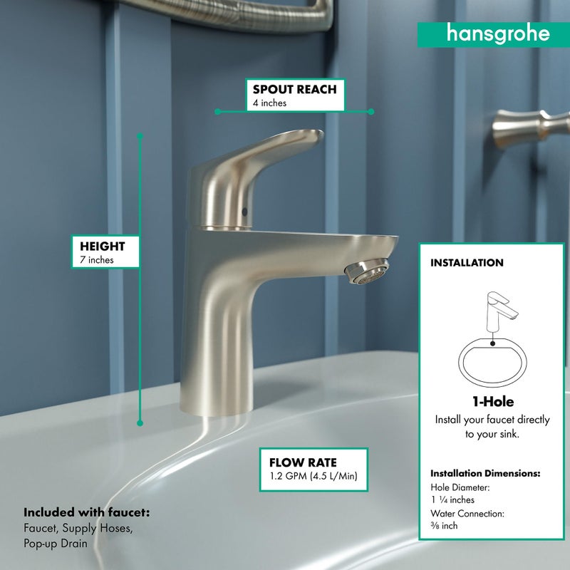 Hansgrohe حنفية حوض الحمام بيد واحدة بارتفاع 1.7 بوصة من هانسغروهي فوكوس بتصميم حديث وسهل التنظيف بالنيكل المصقول، 04371820 - Image 4