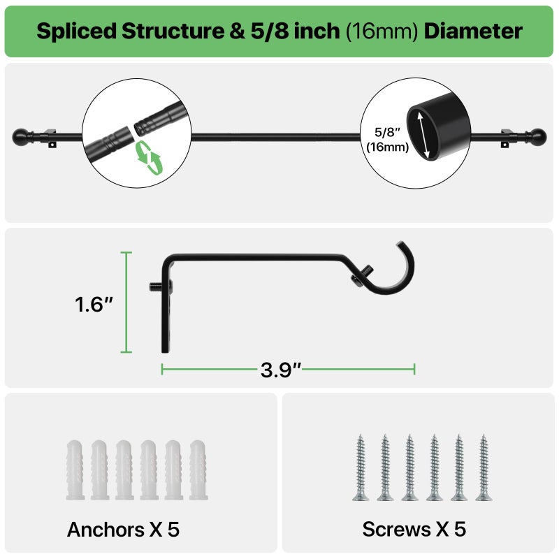 ATUHOLA 2 Pack 28-48 inch Black Metal Wall Mounted Curtain Rod Set with Brackets, 5/8" Adjustable Small Curtain Rods for Bedroom, Kitchen, Living Room, Grommet Curtains - Image 3