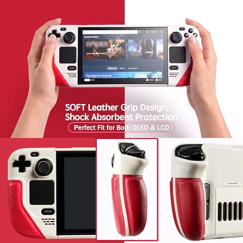 UYIYE Steam Deck OLED Case with KickstandPremium Leather Grip Protective Cover for Steam Deck OLED LCD20222023Aesthetic Shockproof Shell AccessoriesAntiSlip Heat DissipationRetro WhiteRed - Image 3