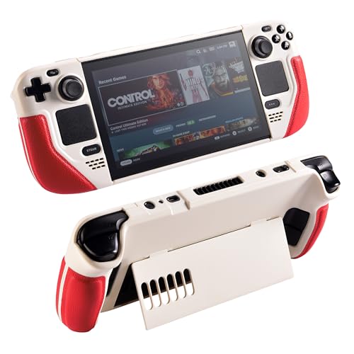UYIYE Steam Deck OLED Case with KickstandPremium Leather Grip Protective Cover for Steam Deck OLED LCD20222023Aesthetic Shockproof Shell AccessoriesAntiSlip Heat DissipationRetro WhiteRed - Image 1