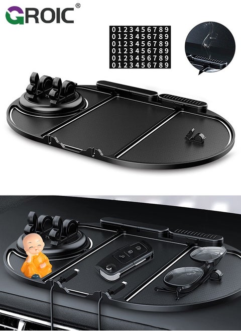 6-In-1 Non-Slip Phone Pad for Car, Multifunctional Dashboard Mat Anti-Skid Car Dashboard Sticky Pad Car, Navigation Frame+Number Plate+Aromatherapy+Storage Place+Glasses Slot+Charging Cable Buckle