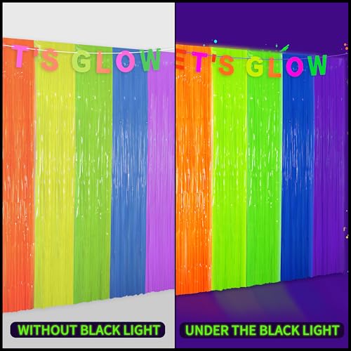 Fayoo Glow in The Dark Tinsel Curtains 2 Pack - 3.3x6.6ft UV Reactive ‌Fluorescent Party Backdrop for Neon, Birthday, Pride Decorations, Pre-Taped, Lightweight Waterproof - Image 3