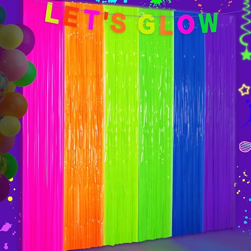 Fayoo Glow in The Dark Tinsel Curtains 2 Pack - 3.3x6.6ft UV Reactive ‌Fluorescent Party Backdrop for Neon, Birthday, Pride Decorations, Pre-Taped, Lightweight Waterproof - Image 1