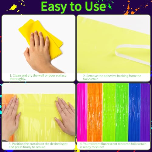 Fayoo Glow in The Dark Tinsel Curtains 2 Pack - 3.3x6.6ft UV Reactive ‌Fluorescent Party Backdrop for Neon, Birthday, Pride Decorations, Pre-Taped, Lightweight Waterproof - Image 4