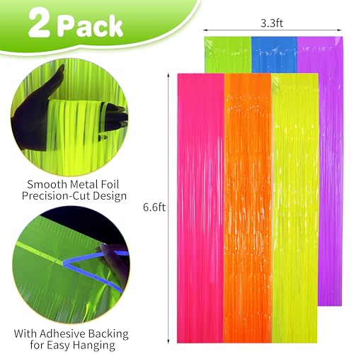 Fayoo Glow in The Dark Tinsel Curtains 2 Pack - 3.3x6.6ft UV Reactive ‌Fluorescent Party Backdrop for Neon, Birthday, Pride Decorations, Pre-Taped, Lightweight Waterproof - Image 2