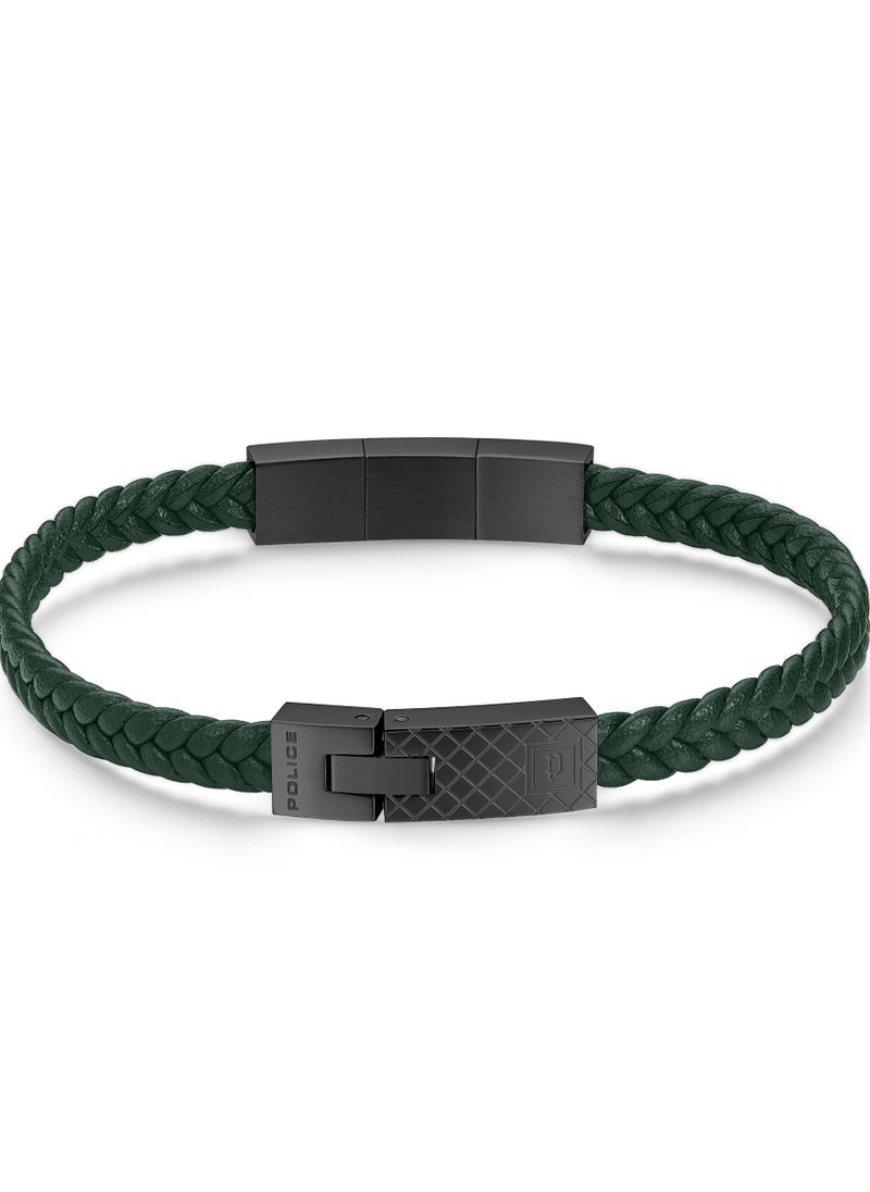 POLICE Intersect Dark Green Leather Grey Mertal Plated Stainless Steel Gents Bracelet  - Image 2