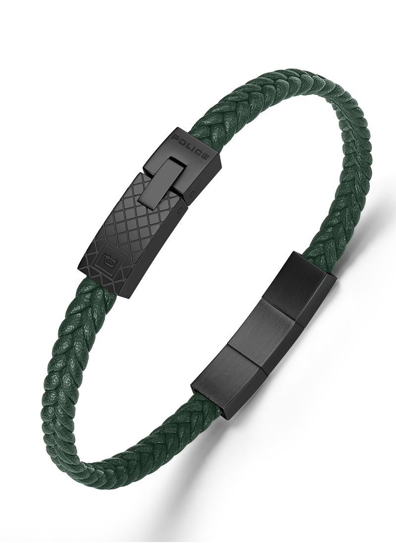 POLICE Intersect Dark Green Leather Grey Mertal Plated Stainless Steel Gents Bracelet  - Image 1