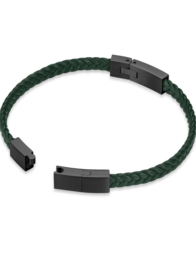 POLICE Intersect Dark Green Leather Grey Mertal Plated Stainless Steel Gents Bracelet  - Image 3
