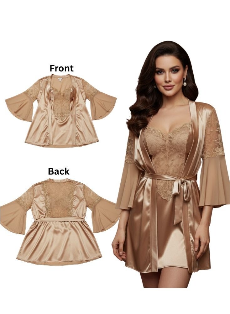 Cute Golden 2 Pc Set Satin Nightwear Robe Set – Elegant Lace Trim Sleepwear for Women - Image 1