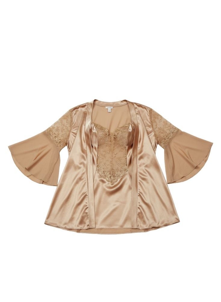 Cute Golden 2 Pc Set Satin Nightwear Robe Set – Elegant Lace Trim Sleepwear for Women - Image 2