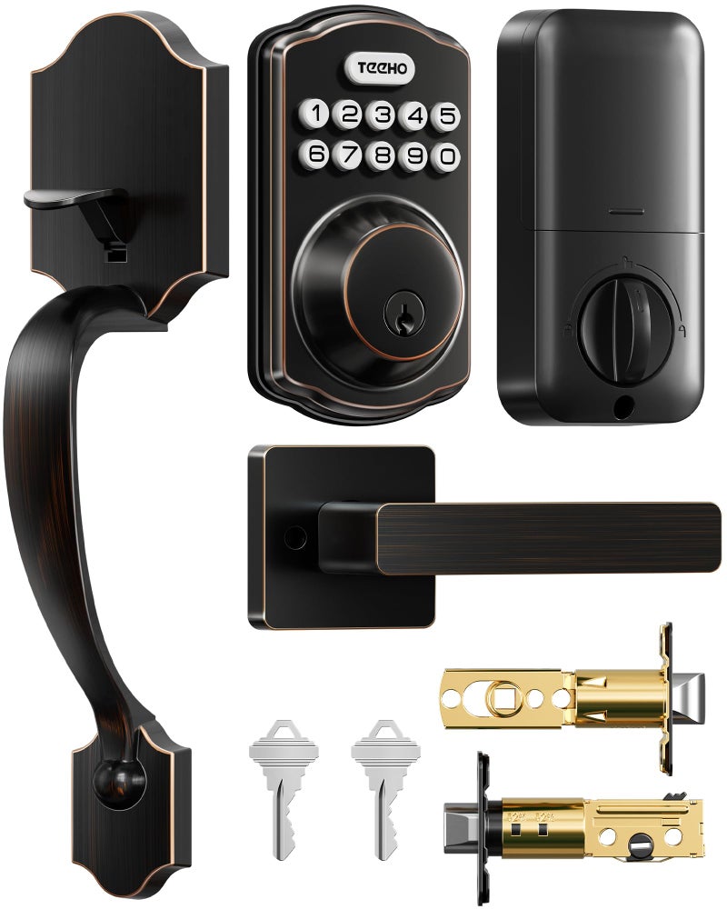TEEHO TK001H Keyless Entry Door Lock with Handle Set, Electronic Deadbolt Keypad Door Lock with Code, Smart Locks for Front Door, Exterior Door Handle, Auto-Lock, Easy to Install, Oil-Rubbed Bronze - Image 1