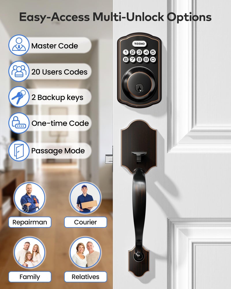 TEEHO TK001H Keyless Entry Door Lock with Handle Set, Electronic Deadbolt Keypad Door Lock with Code, Smart Locks for Front Door, Exterior Door Handle, Auto-Lock, Easy to Install, Oil-Rubbed Bronze - Image 2