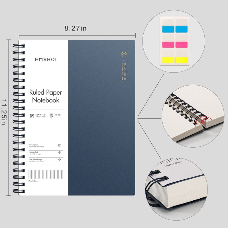 EMSHOI A4 Spiral Notebook College Ruled Lined Journal, 11.2" X 8.27", 300 Pages/150 Sheets, 100gsm Thick Paper, Waterproof Softcover, Twin-Wire Binding, for School Work Business Writing-Blue - Image 2