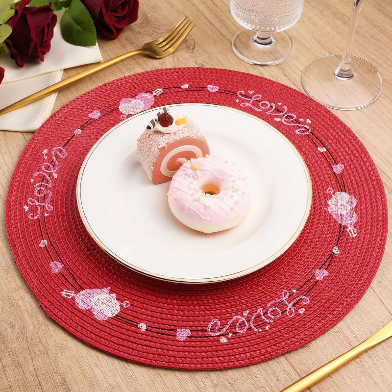 Olgaa Valentines Day Placemats Set of 6 Table Decorations Indoor Red Heart Embroidered Round Place Mats for Home Wedding Farmhouse Party Decor Kitchen Dinning - Image 3