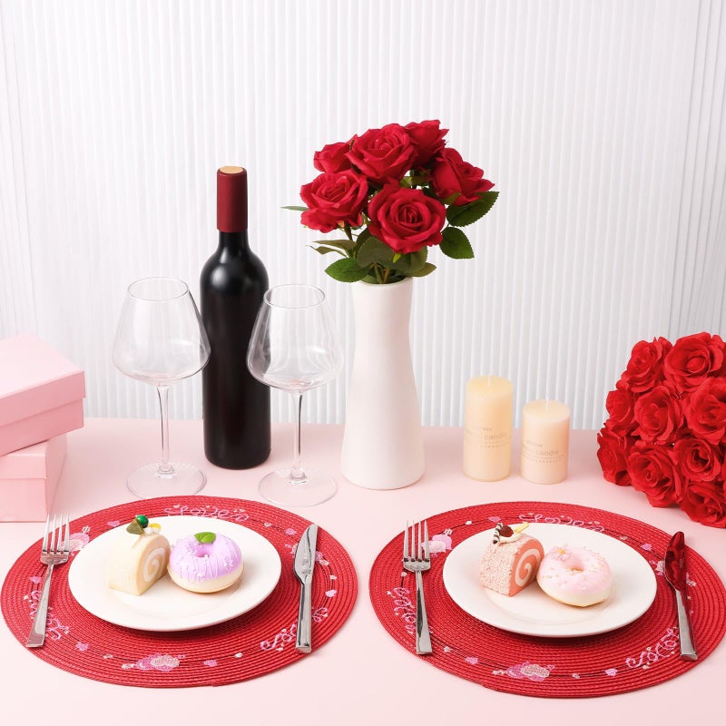 Olgaa Valentines Day Placemats Set of 6 Table Decorations Indoor Red Heart Embroidered Round Place Mats for Home Wedding Farmhouse Party Decor Kitchen Dinning - Image 4