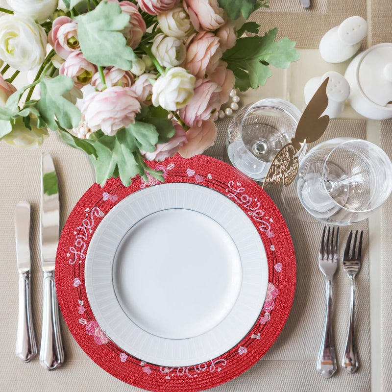 Olgaa Valentines Day Placemats Set of 6 Table Decorations Indoor Red Heart Embroidered Round Place Mats for Home Wedding Farmhouse Party Decor Kitchen Dinning - Image 5