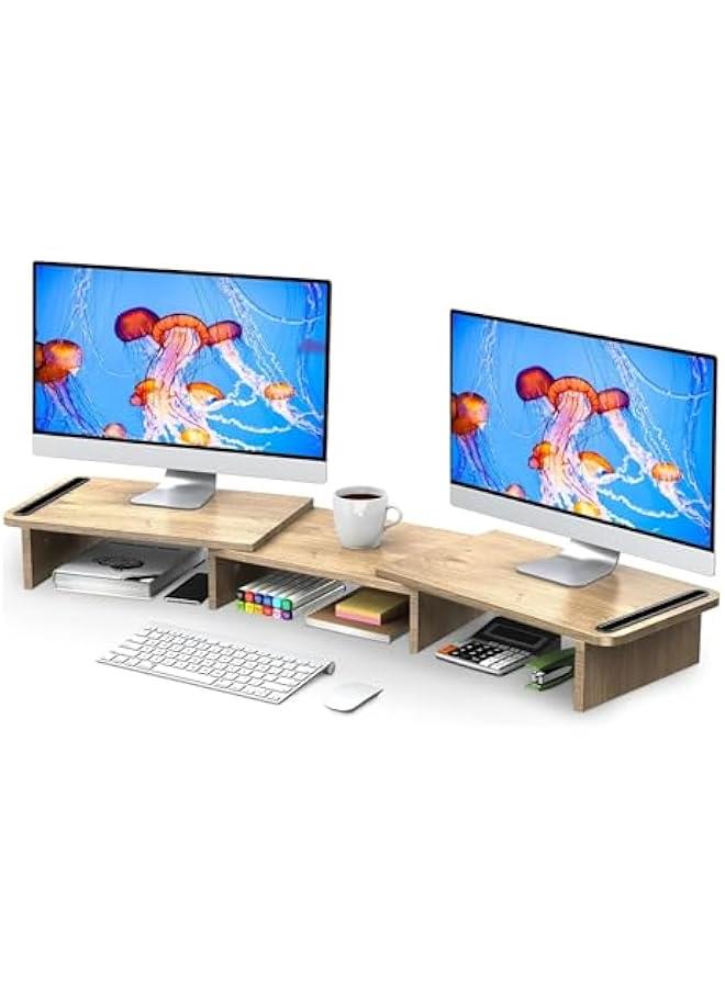HOOKOR Dual Monitor Stand, Monitor Stands Riser for 2 Monitors,with Adjustable Length and Angle Shelf with Storage Organizer for Office Desk Accessories (Oak) - Image 1
