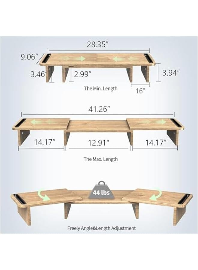 HOOKOR Dual Monitor Stand, Monitor Stands Riser for 2 Monitors,with Adjustable Length and Angle Shelf with Storage Organizer for Office Desk Accessories (Oak) - Image 2