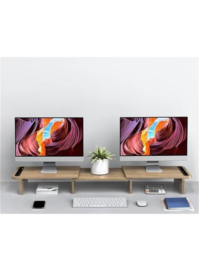 HOOKOR Dual Monitor Stand, Monitor Stands Riser for 2 Monitors,with Adjustable Length and Angle Shelf with Storage Organizer for Office Desk Accessories (Oak) - Image 3