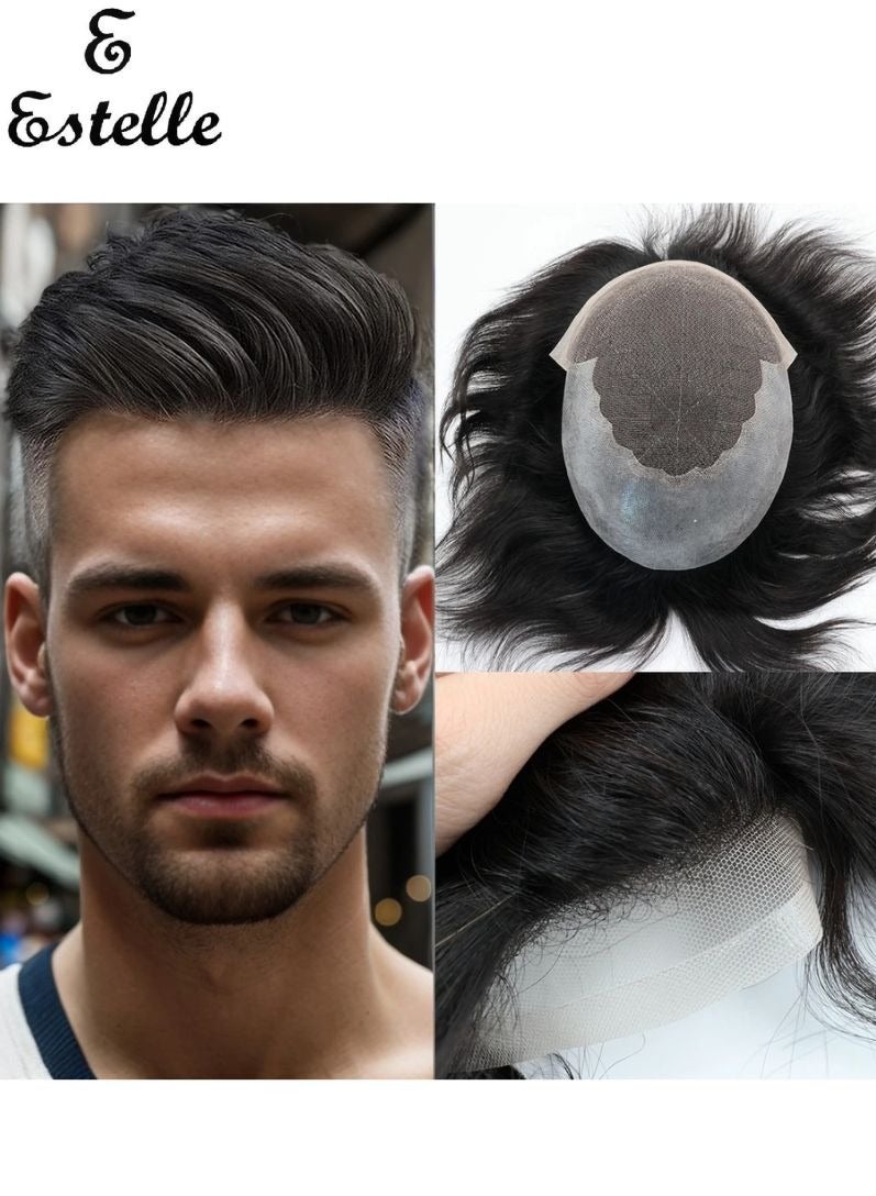 إستيل شعر مستعار طبيعي للرجال، شعر بشري Q6 قاعدة دانتيل سويسرية من البولي يوريثان حول نظام استبدال الشعر للرجال، للشعر الرقيق أو فقدان الشعر - Image 1