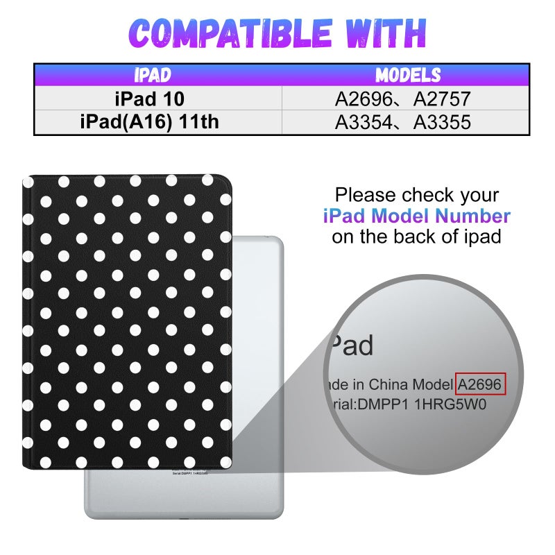 Wazzasoft for iPad A16 Case (11th) 2025,for iPad 10th Generation 10.9 inch (2022) - Smart Folio Cover (Auto Wake/Sleep) with Build-in Pencil Holder for Apple Tablet Cover for Women Girls,Polka Dots - Image 2