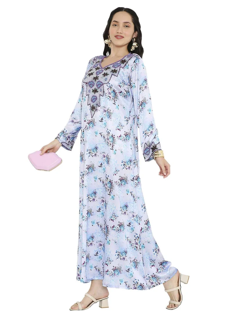HANA & SARA LONG FLORAL PRINTED MODEST UNIQUE BEADED ARABIC KAFTAN FARASHA JALABIYA DRESSES