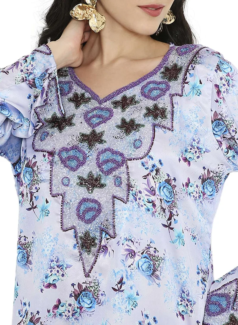HANA & SARA LONG FLORAL PRINTED MODEST UNIQUE BEADED ARABIC KAFTAN FARASHA JALABIYA DRESSES