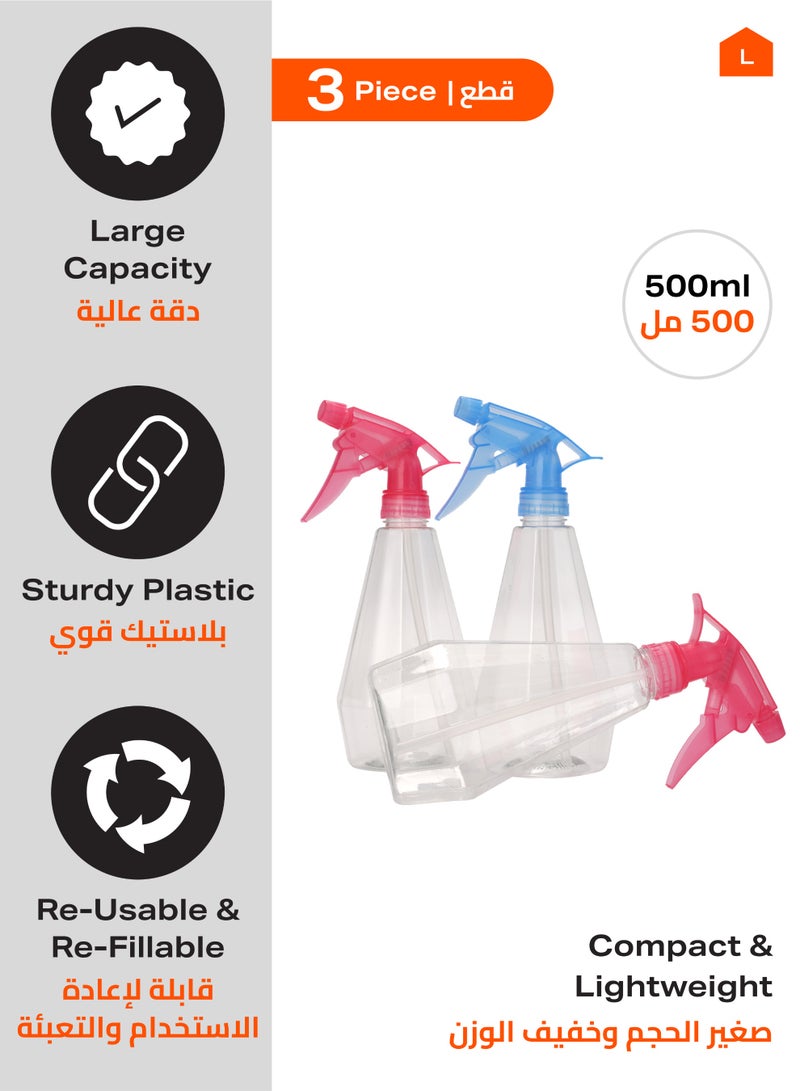 LAWAZIM Transparent Spray Kit Mix Color 3 Piece, 500ml - Empty Colorful Adjustable Nozzle Plant Mister - Refillable Water Plant Atomizer Container - for Cleaning Solutions, Gardening, Hair - Image 2