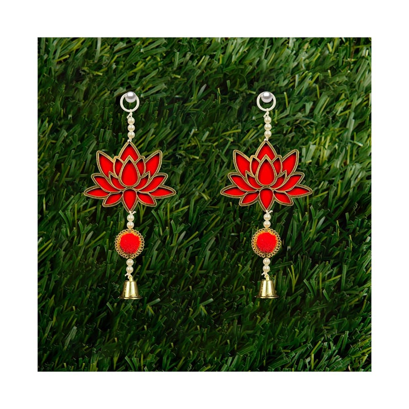 HNA GIFTING HNA GIFTING Handmade Wall Decor Lotus with jhumki Style Hanging for Home DecorDiwali DecorWedding and All Festival Decor Lotus with pom pom Bell Pack of 2  - Image 1