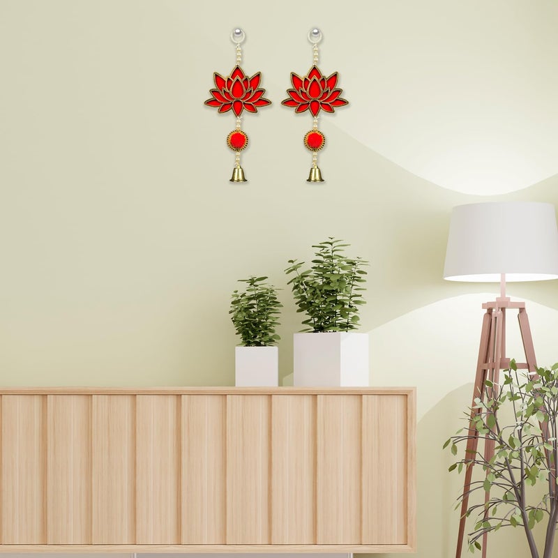HNA GIFTING HNA GIFTING Handmade Wall Decor Lotus with jhumki Style Hanging for Home DecorDiwali DecorWedding and All Festival Decor Lotus with pom pom Bell Pack of 2  - Image 3