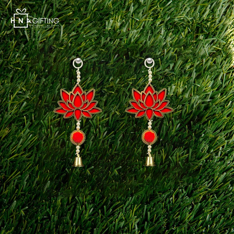 HNA GIFTING HNA GIFTING Handmade Wall Decor Lotus with jhumki Style Hanging for Home DecorDiwali DecorWedding and All Festival Decor Lotus with pom pom Bell Pack of 2  - Image 5