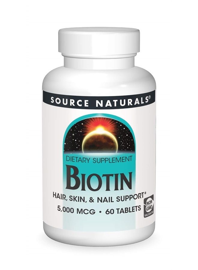 Source Naturals Biotin 5,000mcg High Potency B Vitamin Nutrients Support Healthy Hair, Skin & Nails - Maximum Strength Biotin Deficiency Supplement - 60 Tablets - Image 1