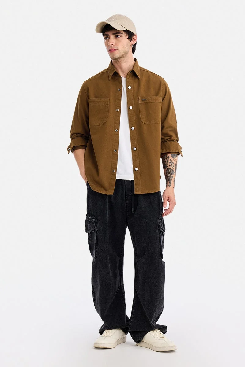 SNITCH Brown Solid Long Sleeve Oversized Streetwear Overshirt