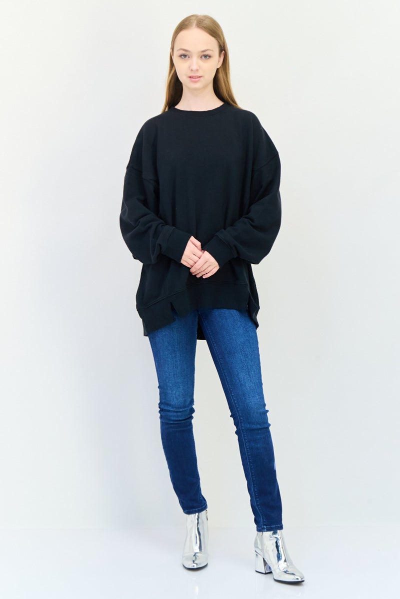 Aerie Women Crew Neck Solid Sweaters, Black - Image 3