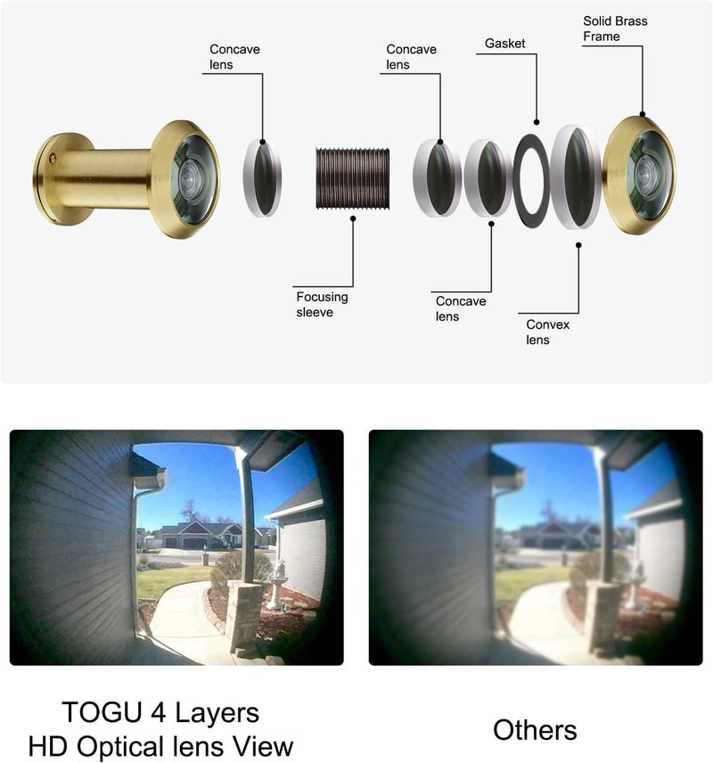 Togu TG3016YG-SC مشاهد باب من النحاس الصلب مع عدسة زجاجية HD بزاوية 220 درجة مع غطاء خصوصية ثقيل للأبواب من 1-3/8" إلى 2-1/6"، تشطيب ذهبي ساتان - Image 2