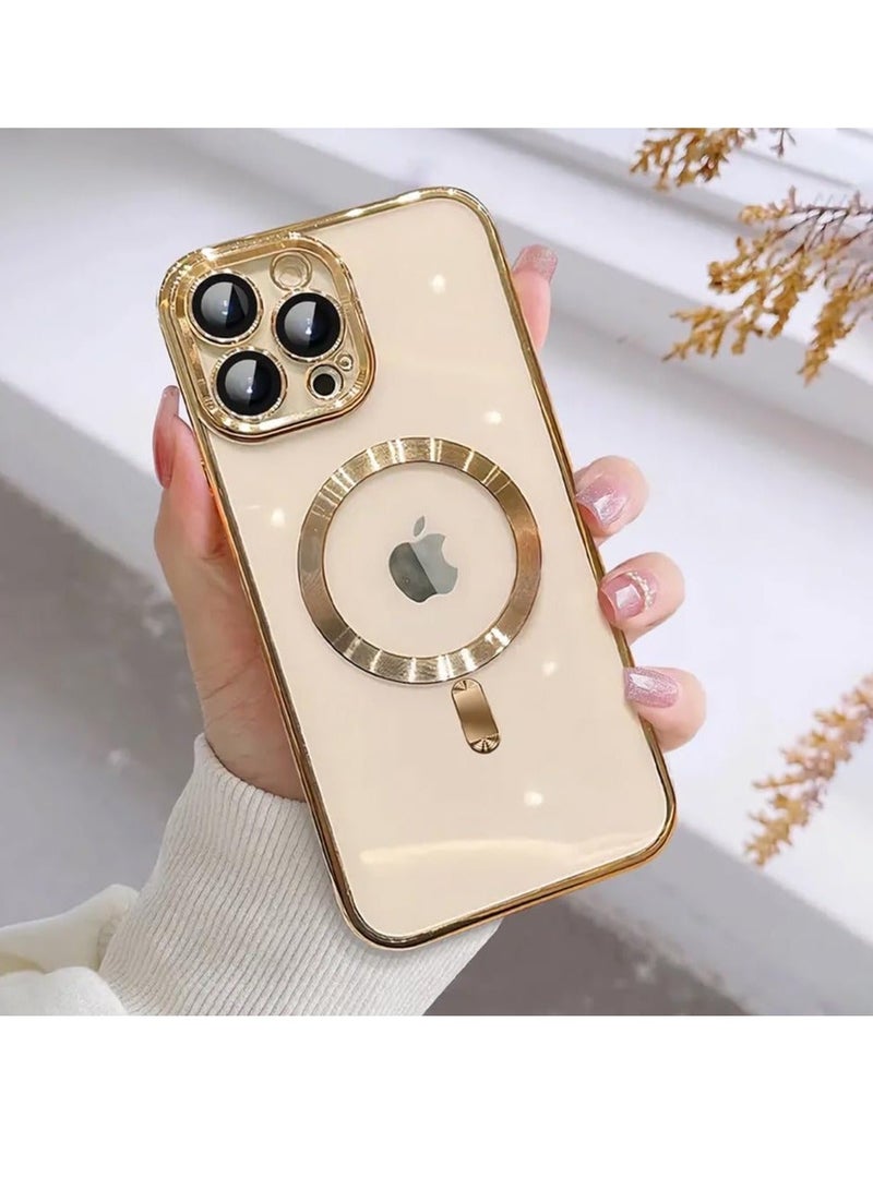 MUNTAQI غطاء مغناطيسي لهاتف iPhone 14 Pro Max [متوافق مع MagSafe] واقي عدسة الكاميرا بتصميم فاخر للنساء والرجال، غطاء شفاف ناعم من TPU مقاوم للصدمات - ذهبي - Image 1