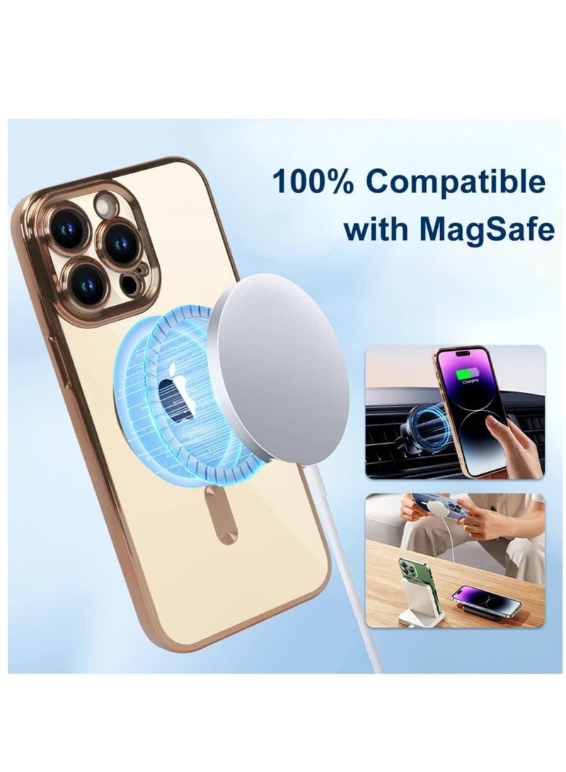 MUNTAQI غطاء مغناطيسي لهاتف iPhone 14 Pro Max [متوافق مع MagSafe] واقي عدسة الكاميرا بتصميم فاخر للنساء والرجال، غطاء شفاف ناعم من TPU مقاوم للصدمات - ذهبي - Image 3
