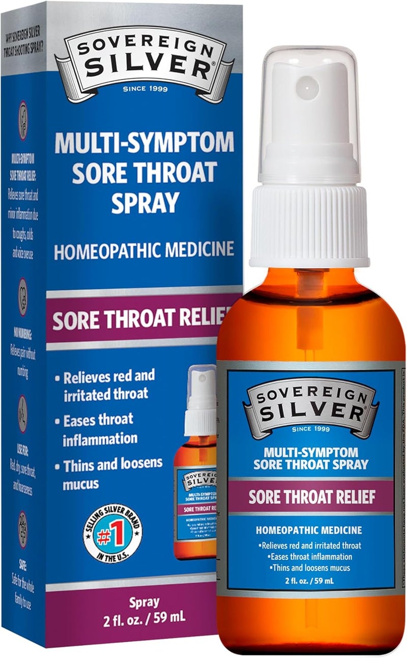 Sovereign Silver Multi-Symptom Sore Throat Relief Homeopathic Spray, Relieves Red, Irritated, Minor Inflamed Throat, Non-Numbing and Flavorless, 2 fl oz