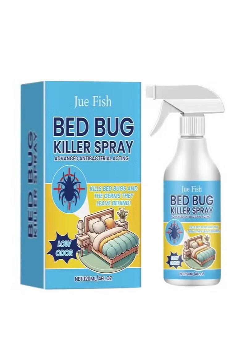 JUE-FISH 120ml Bed Bugs Eliminator Spray, Low Odor Cockroach and Fly Eliminator Spray, Botanical Active Ingredients, Eliminates Insects and Bugs on Contact, Non-Greasy, Effectively Repels Fleas, Moths and Bed Bugs Indoors, No Stain, Fresh Scent. - Image 1