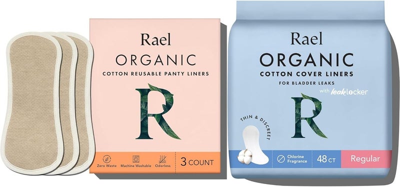 Rael Bundle  Organic Cotton Cover Incontinence Regular Liners 48 Count Reusable Cloth Pantyliners 1 Pack Brown 3 Count - Image 1