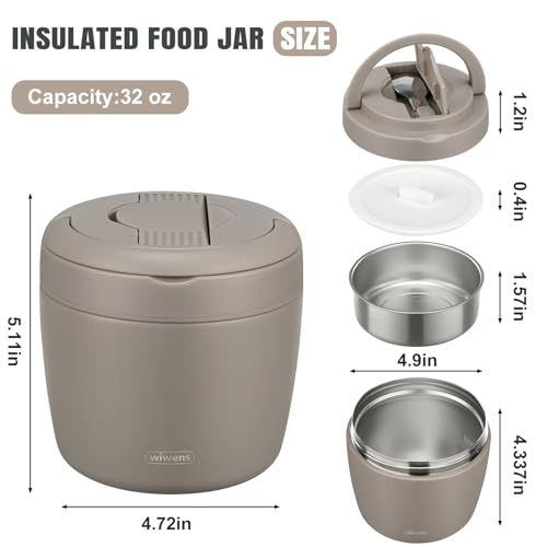 wiwens Thermo Food Jar for Hot Food Adults 32OZ Soup Thermo Lunch Containers Wide Mouth Vacuum Insulated Stainless Steel Leakproof Bento Box with Spoon (Khaki) - Image 5