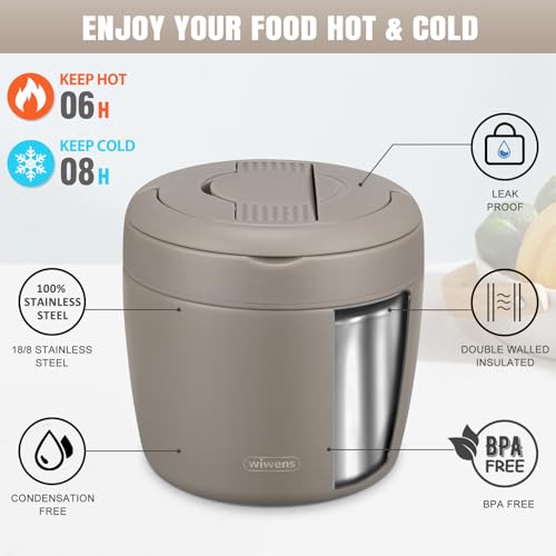 wiwens Thermo Food Jar for Hot Food Adults 32OZ Soup Thermo Lunch Containers Wide Mouth Vacuum Insulated Stainless Steel Leakproof Bento Box with Spoon (Khaki) - Image 3
